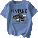 RoseSeek Women's Graphic Letter Tee Crew Neck Drop Shoulder Trendy Summer T Shirt Short Sleeve Vintage Car Print Top Car Print Blue XX-Large at Amazon Womens Clothing store (XXL)