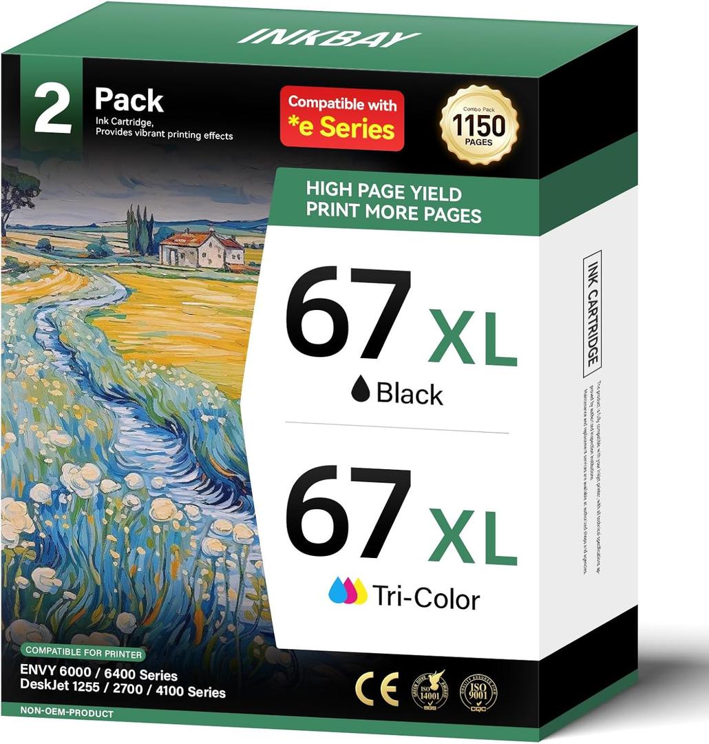 67XL Ink Cartridges Combo Pack Replacement for HP Printers Ink 67 67XL Cartridge DeskJet 2700e 2755 2755e 2855e 4155e 4100 4255e Envy 6055e 6000 6055 6400 6455e 6455 Pro 6458 6475 1255 Black Tri-Color