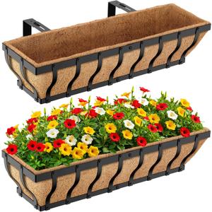 VOXOR Railing Planter Boxes, Heavy Duty Window Box Planters, Adjustable Balcony Planters for Railing Hanging, with Coco Liner & Support Rod for Deck, Porch, and Patio Gardening (2 Pack, 30 Inch)