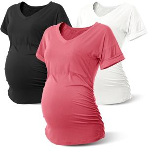 Rnxrbb Long Enough Maternity Shirts Short Sleeve Summer Pregnancy Tops& Tees Clothes V Neck Casual Outfits for Women 3 Pack Medium