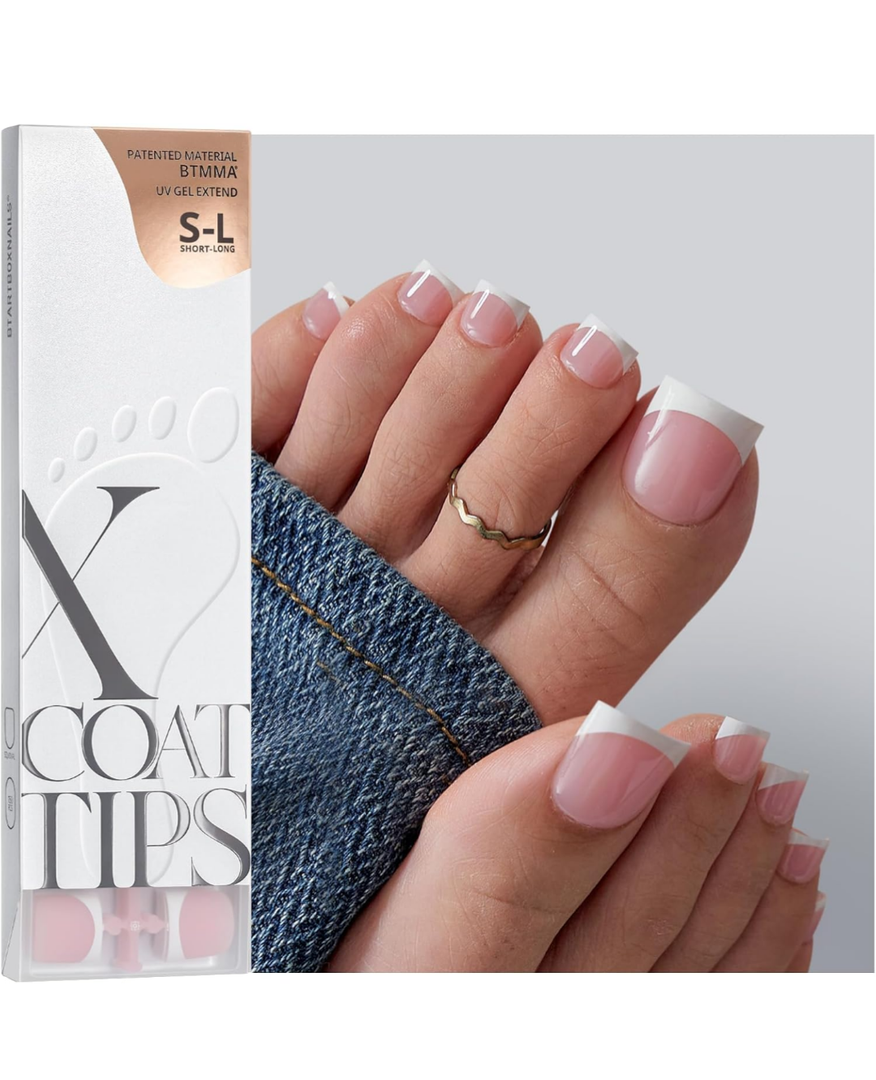 BTArtboxnails XCOATTIPS Toe Nail Tips - Lamp-Curable Real Square Pink Press On Toenails for Women, 150 Soak Off French Tip Toe Nail Extensions in 15 Sizes, Builder Gel & Top Coat Required