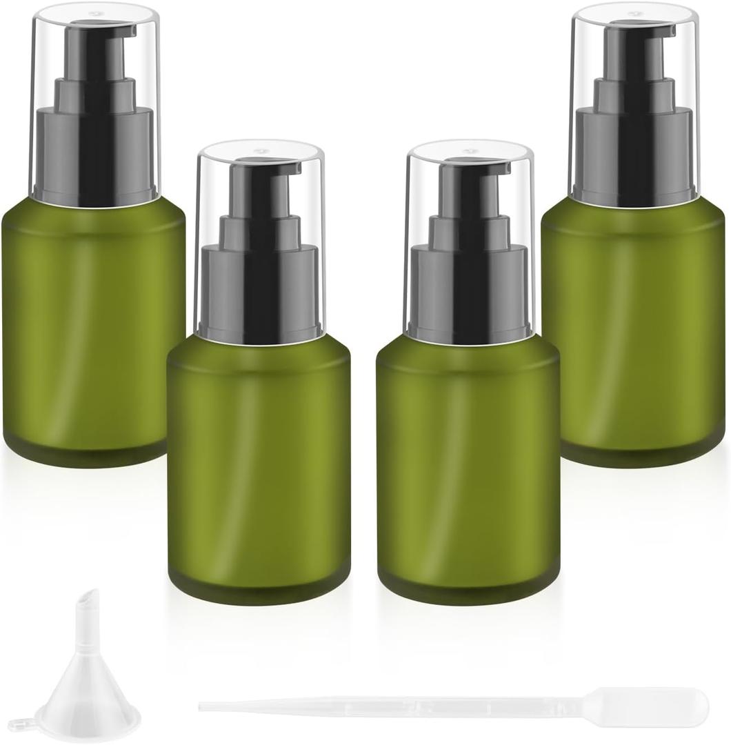 4 Pcs 60ml/2oz Green Frosted Glass Bottles Refillable Pump Dispenser Jar Empty Lotion Vials with Pump for Travel Body Wash Liquid Foundation Cosmetic Samples