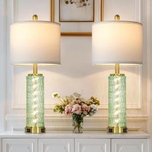 28" Green Glass Table Lamps Set of 2, Green Modern Bedside Lamp with LED Night Light, USB A+C, Glass Lamps for Living Room, Bedroom, Nightstand, Office, End Table (2 Bulbs Included)