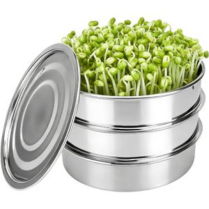 AKAZA 9" Stackable Stainless Steel Seed Sprouting Kit, 3-Tier Mesh Sprouting Tray,1 Base and 1 Cover Lid, Microgreens Propagator for Beans Peas Broccoli Wheat Grass (Clear)