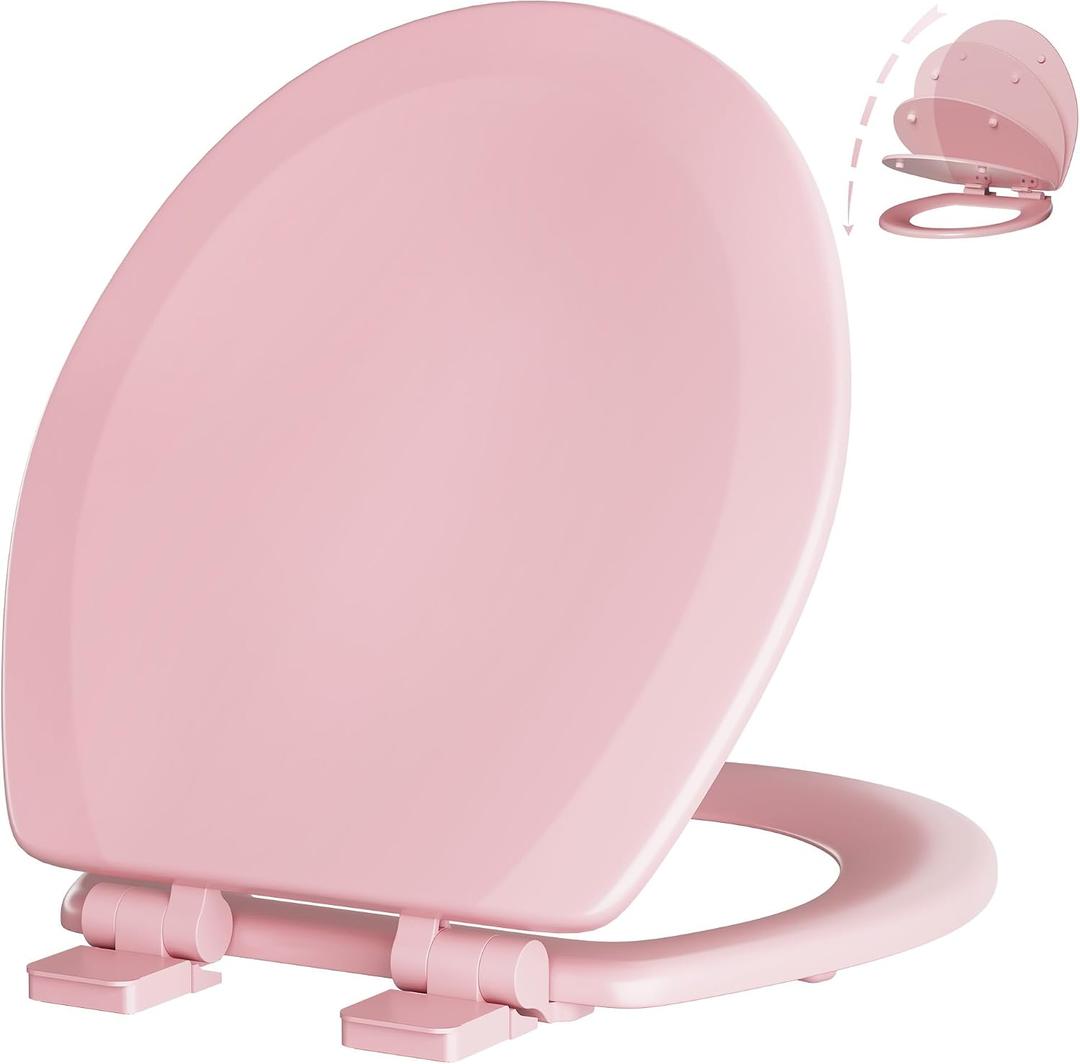 Angol Shiold Slow Close Wood Toilet Seat（Pink, Round 16.5''）