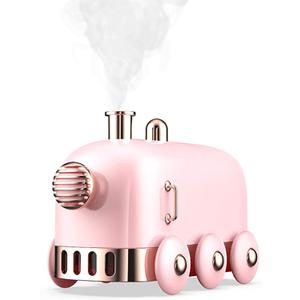 Portable Mini Humidifier, 300ml Cute Train Small Humidifier, Cool Mist Diffuser for Desktop / Office / Bedroom, Ultra Quiet, LED Light Function, USB Charge, Auto Shut Off (Pink)