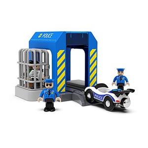 Wooden Train Tracks Accessories, Train Set Piece of Police Station Compatible with All Railroad Track Collection, Train Toys Expansion Pack for Kids Ages 3 and Up