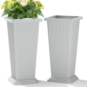 TUYOHW Set of 2 Large Tall Planter for Indoor or Outdoor 24" Flower Pots Tapered Tall Planters with Tray for Porch, Patio, Backyard, Large Planters for Outdoor Indoor Plants(White,Striped)