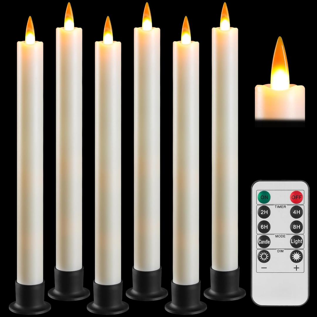 Da by 6 Flameless Window Candles with Remote Controller & Timer, LED Cone Stick Candle, Free 6 Black Bases, 9.6 Inch Battery Powered Christmas Candles for Home, Party, Holidays, Christmas Decoration
