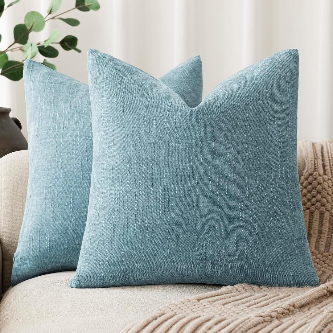Foindtower Pack of 2 Textured Chenille Throw Decorative Pillow Covers Square Accent Solid Cushion Cover Neutral Farmhouse Pillow Case for Couch Sofa Bedroom Living Room 20x20 Inch,Light Blue (Sky)