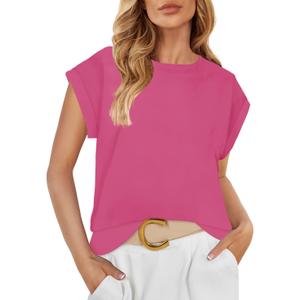 ZESICA Womens Summer Cap Sleeve Crewneck Tops Casual Loose Striped T-Shirts Basic Tees (Pink, M)