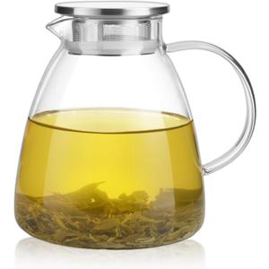68OZ/2000ML One Touch Glass Teapot with Stainless Steel Filter Lid, Stovetop & Microwave Safe Tea Maker Water Kettle, Strainer & Cover 2 in 1 Loose Leaf Tea Steeper Pot Coffee Carafe