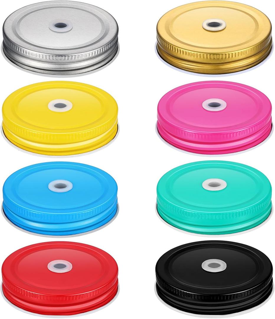 Mudder 8 Pieces Metal Regular Mouth Mason Canning Jar Lids with Straw Hole Leak Proof Reusable Jar, 2.7 Inch (Multicolor)