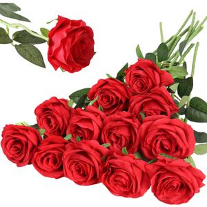 Hawesome 12PCS Artificial Silk Flowers Realistic Roses Bouquet Long Stem for Home Wedding Decoration Party (12pcs-red 1)