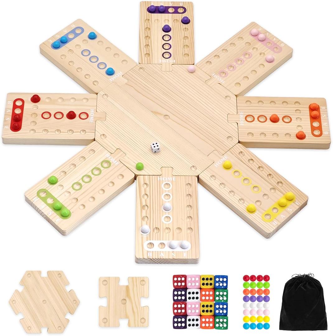 Wooden Board Game, The Wooden Board Can Provide a Gaming Experience for 2 to 8 Players, Featuring 3 Central Hubs, 32 Marbles, and 16 Dice. It is Suitable for Family and Friend Gatherings Board Games