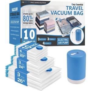 Cozy Essential 10 Pack Travel Vacuum Storage Bags with Rechargeable Wireless Electric Pump for Luggage, Suitcase, Carry-on Size Vacuum Seal Compression Space Saver Bags for Clothes and Clothing Travel