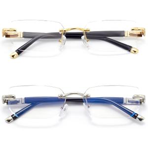 Rimless Reading Glasses, Spring Hinge Readers, Diamond Cut Edge Design Blue Light Glasses (A-06: Golden Silver With Hard Cases)