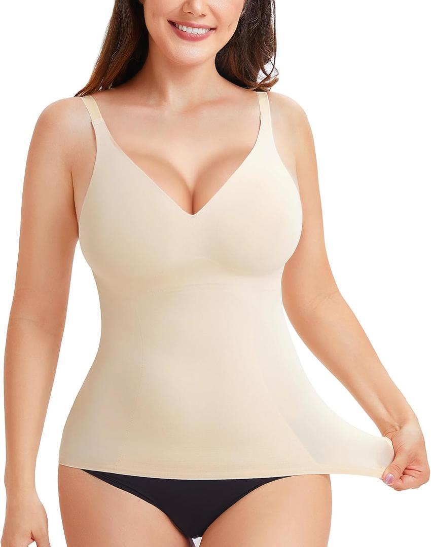 LODAY Compression Tank Tops for Women Tummy Control Shapewear Seamless Body Shaper Workout V-Neck Camisole Cami Tops (Large, Beige)