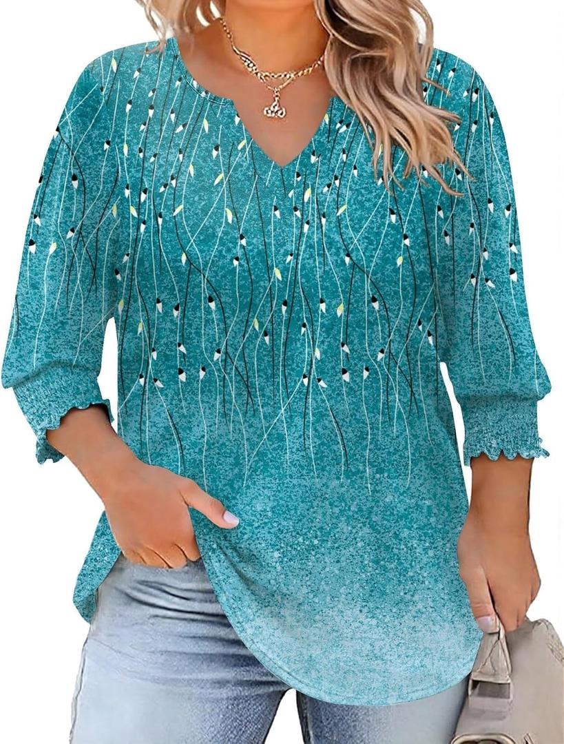 Rapbin Plus Size Tunic Tops for Women Dressy 3/4 Three Quarter Sleeve 2025 Ladies Peasant Blouse to Hide Tummy (Blue Green Floral 3XL)