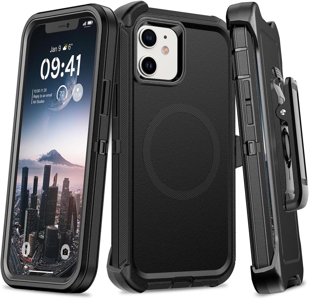 TUTUKII for iPhone 12 & 12 Pro Case with Belt Clip Holster, Anti-Shock, Anti-Slip, Compatible with MagSafe, 3-Layer Drop Protection, Heavy Duty Magnetic Phone Case Cover 12 6.1", Black