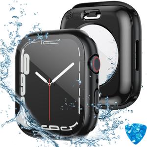 Tensea (2 in 1) for Waterproof Apple Watch Screen Protector Case Series 9 8 7 45mm Accessories, iWatch Protective PC Face Cover Built-in Tempered Glass Film, Front and Back Bumper for Women Men, 45 mm (Matte Black)