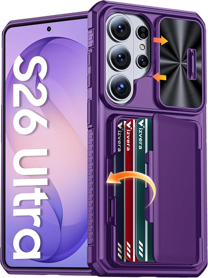 Vizvera for Samsung Galaxy S26 Ultra Case Wallet RFID [Cards Holder][Camera Cover][Edge Raised] Full Body Rugged Shockproof Silicone Phone Case for Galaxy S26 Ultra 6.9" 2026,Purple