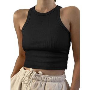 Artfish Women Casual Basic Sleeveless High Neck Rib-Knit Y2k Crop Tank Top (X-Small, 01#black)