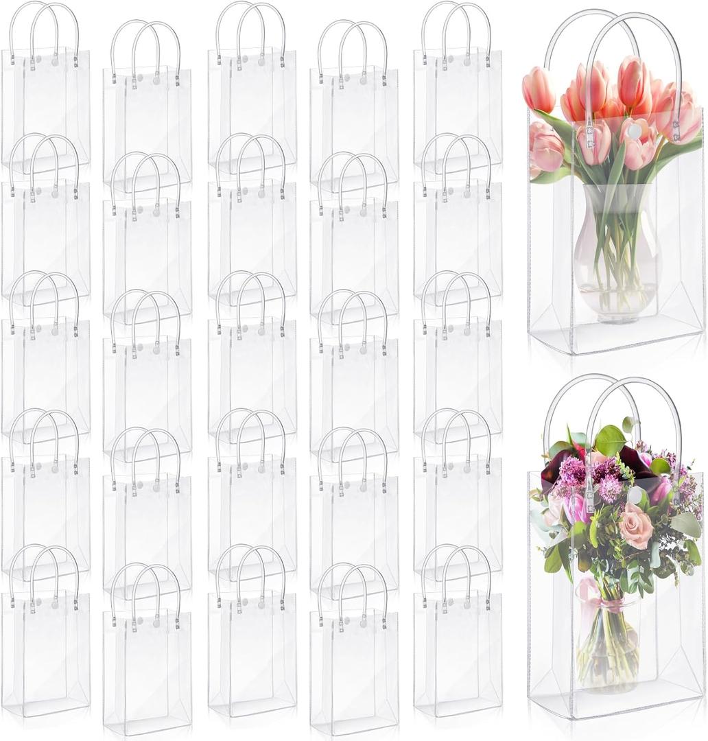 LEIFIDE 50 Pcs Clear Plastic Gift Bags with Handles PVC Reusable Transparent Totes Bags for Shopping Goodie Candy School Birthday Party(7.1 x 9.4 x 3.1 Inch)