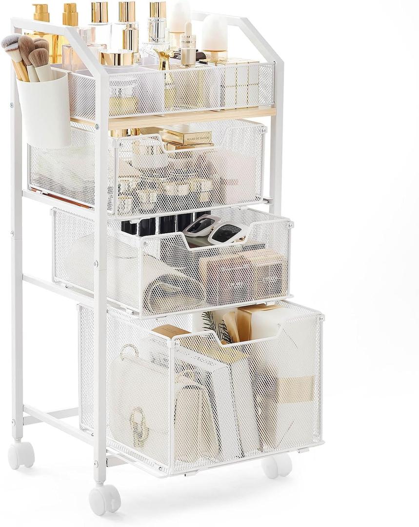 Homde Rolling Makeup Organizer for Women: 3 Drawers with Adjustable Tray | Storage for Skincare Cosmetic - Beauty Enthusiasts Makeup Artists - Braked Wheels and Safety Locks for Secure Mobility