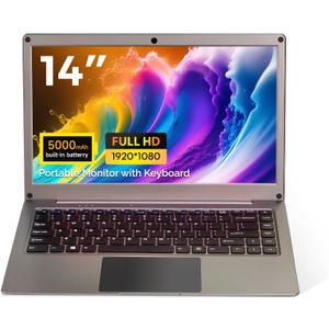 Portable Monitor with Keyboard, 14 Inch Laptop Monitor Extender Built-in 5000mAh Battery, 1080P FHD Screen CrowView Note Compatible with Raspberry Pi 5, Phone, Steam Deck, SBCs/Mini PC/PC
