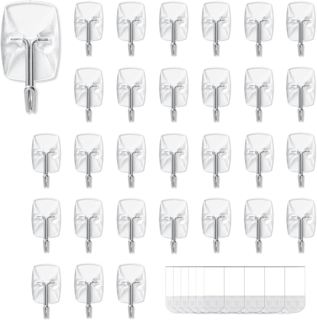 30 Small Hooks+40 Removable Strips, Clear Wire Utility Hooks with Adhesive Strips Damage-Free, No Tools Wall Hooks for Hanging Heavy Duty, Value Pack