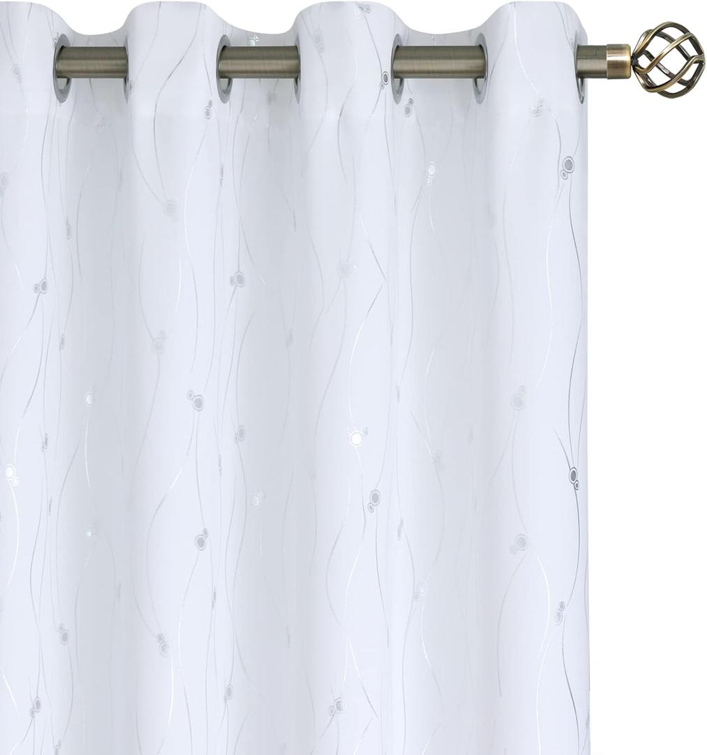 BGment White Curtains 84 Inch Length 2 Panels Set Grommet Thermal Insulated Room Darkening Window Curtains with Wave Line and Dots Printed for Bedroom, 52 x 84 Inch, Pure White