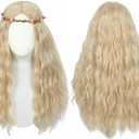 Linfairy Long Wavy Hippie Wigs for Women 70s Halloween Cosplay Costume Wig for Party With Flower Crown