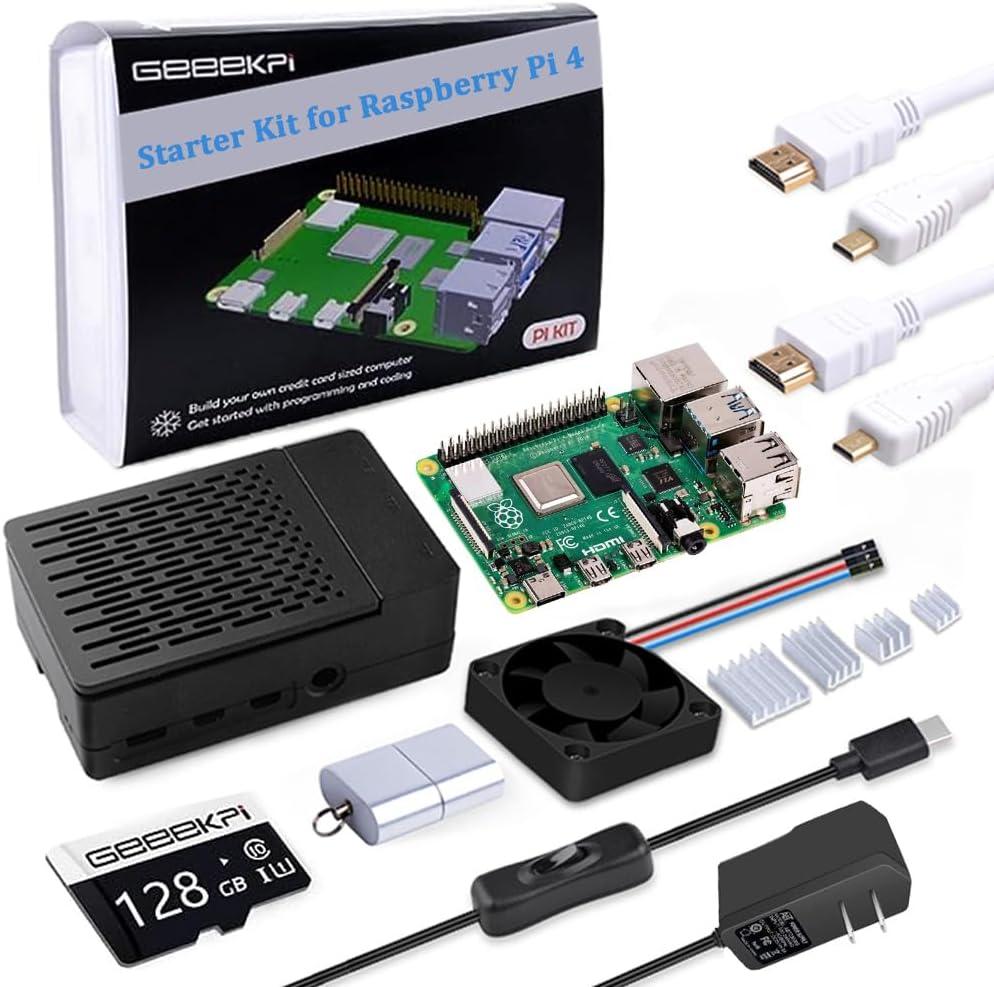 GeeekPi Starter Kit for Raspberry Pi 4 4GB - 128GB Edition, Case with PWM Fan, 18W 5V 3.6A Power Supply with ON/Off Switch, Cables (4GB RAM)