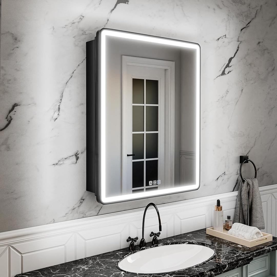 24x30 Lighted Medicine Cabinet with Mirror, Sand Black Frame,3 Colors Temper dimmable,led Medicine Cabinet with Mirror defog,stepless dimming,Surface or Recessed Mount,Door Right Open