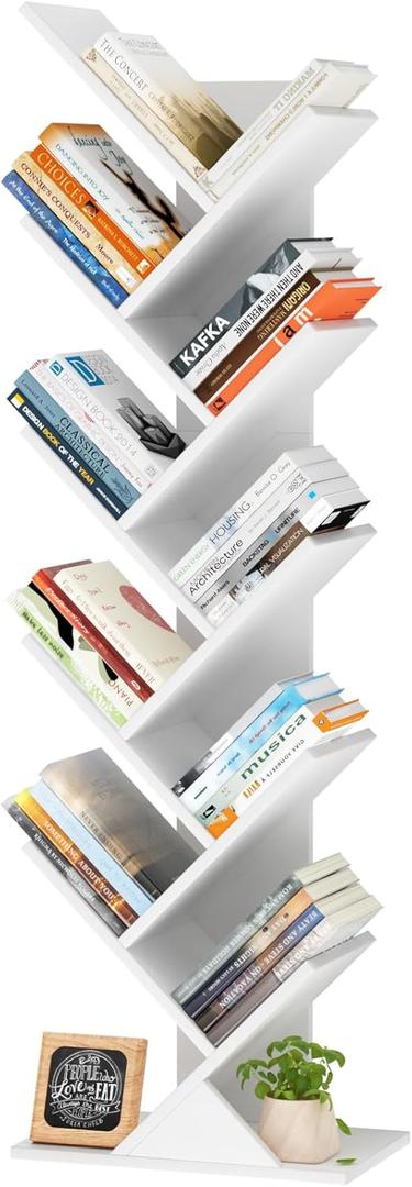 10 Tier Tree Book Shelf, Floor Standing Wood Bookshelf for Narrow Space, Storage Organizer Bookshelves for Books/CDs/Magazine, Bookcase with Shelves for Home Office, Living Room - White