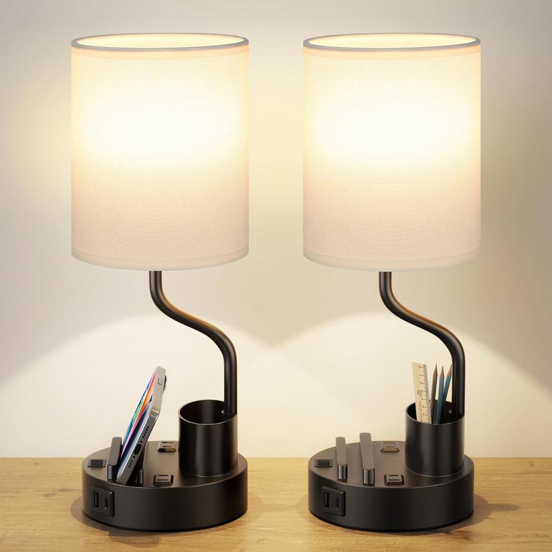 White Bedside Table Lamps for Bedroom Set of 2 - Nightstand Light with AC Outlet and USB A & C for Charging, 3 Color Temperatures Desk Lamp with Pen Holder & Phone Stand for Living Room/Dorm/Office