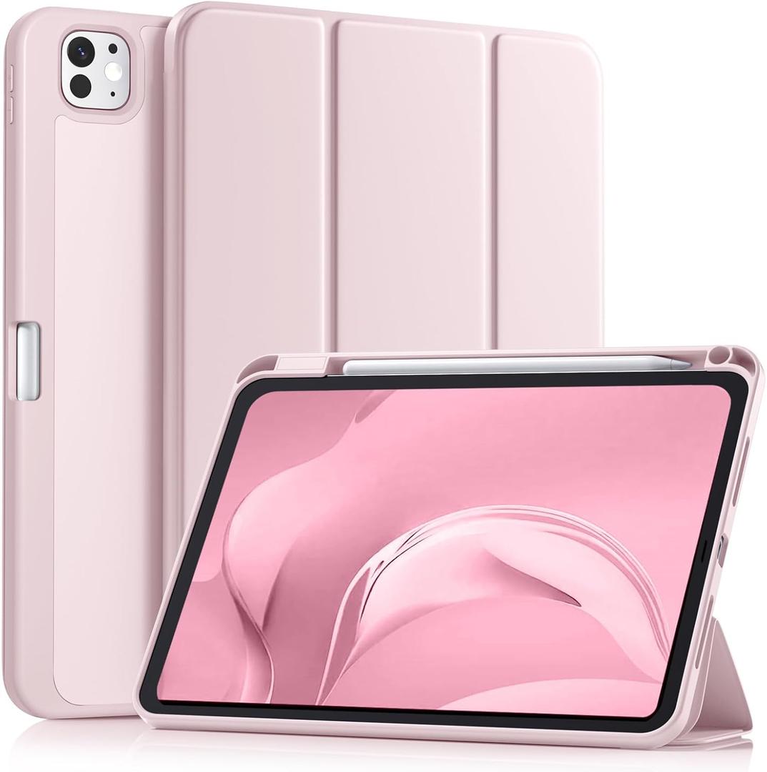 Akkerds for iPad Pro 11 Inch Case (M5/M4) 2025/2024 6th/5th Generation with Pencil Holder, for iPad Pro Case 11 Inch with Trifold Stand Protective Cover/Soft TPU Back, Auto Wake/Sleep, Pink