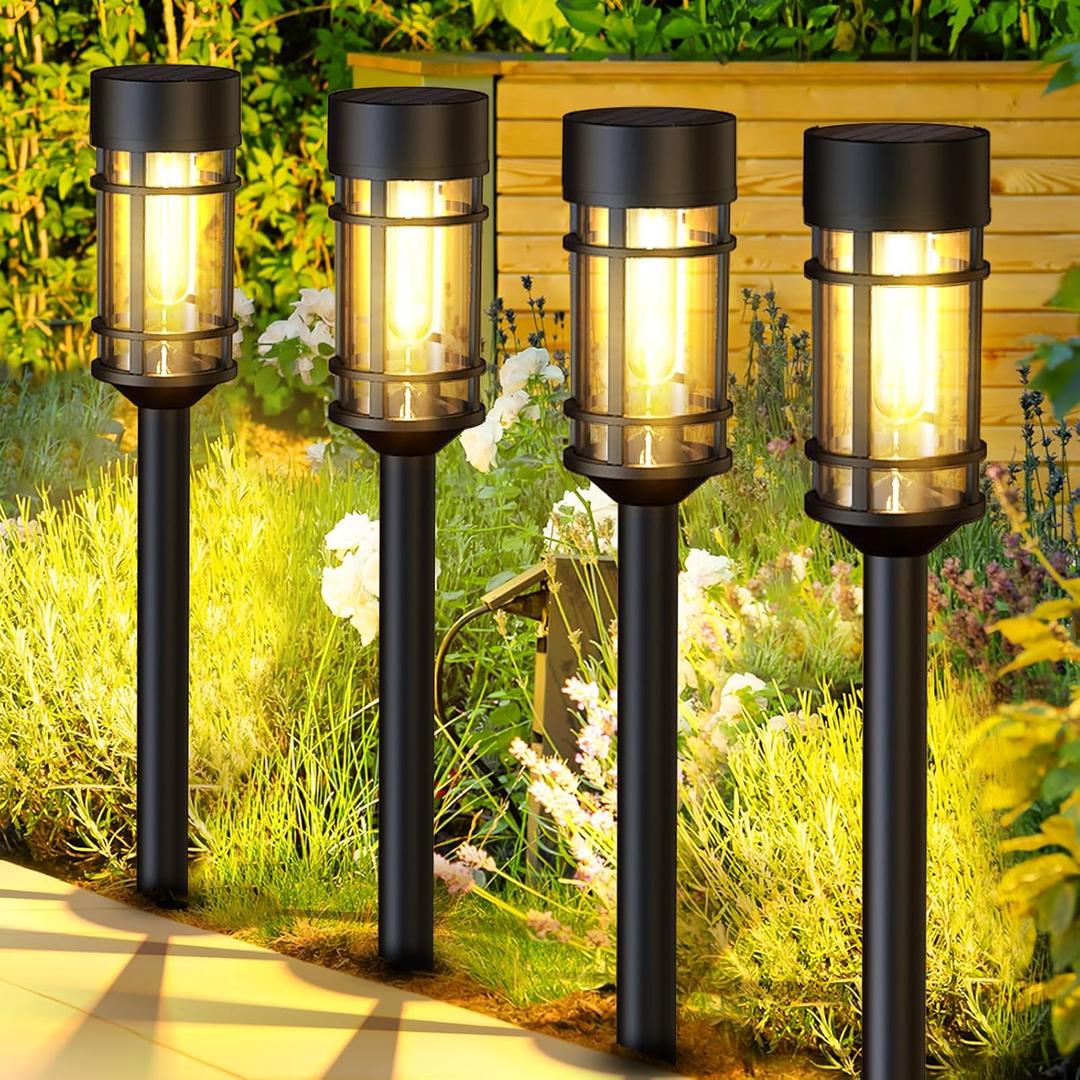 6 Pack Solar Pathway Lights Outdoor, Waterproof Solar Lights Outdoor with Metal & Glass Design - Auto On/Off, Long-Lasting, Landscape Lighting for Garden, Yard, Lawn, Driveway, Walkway (Black)