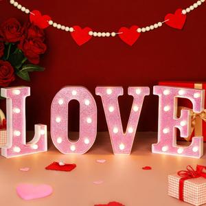 NOVWANG Valentine's LED Love Letter Light Up Sign, Valentine's Day Home Decor for Wall Tabletop, Pink Glitter Decoration for Romantic Home Decor Wedding Party Supply