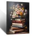 Moody Flower Books Canvas Wall Art, Framed Wall Art Vintage Floral Books Still Life Pictures Rustic Antique Prints Dark Academia Floral Artwork for Bedroom Living Room Decor (16x24inch)