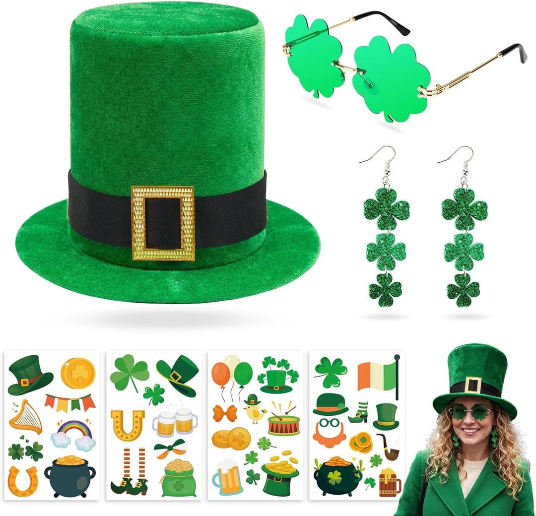 7 Pcs St. Patrick's Day Costume Accessories Leprechaun Top Hat Shamrock Earrings Glasses Irish Stickers Set for Women