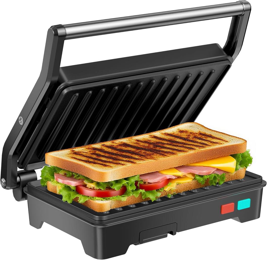 Panini Press Grill, 1000W Sandwich Maker with Non-Stick Coated Plates, Opens 180 Degrees for Any Size of Food, 3-in-1 Sandwich Press Electric Grill, Stainless Steel Surface and Removable Drip Tray (Black)