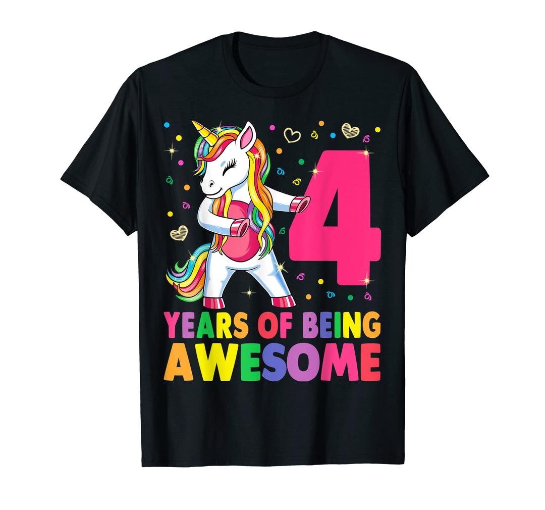 4 Year Old Gifts Unicorn Flossing 4th Birthday Girl Party T-Shirt, Black 