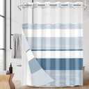 No Hook Blue Shower Curtain with Snap in Fabric Liner Set, Boho Striped Modern Double Layers Waterproof Fabric with See Through Top Window Open Grommet Bath Curtain 71x86 Inch