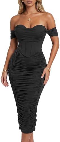 CurvySweet Women's Off the Shoulder Midi Dress Built-in Bra Ruched Corset Bodycon Formal Night Out Cocktail Party Dresses | Built-in Bra, bodycon curve hugging fit, elegant and sexy style, perfect for wedding guest, cocktail party and formal events. Medium