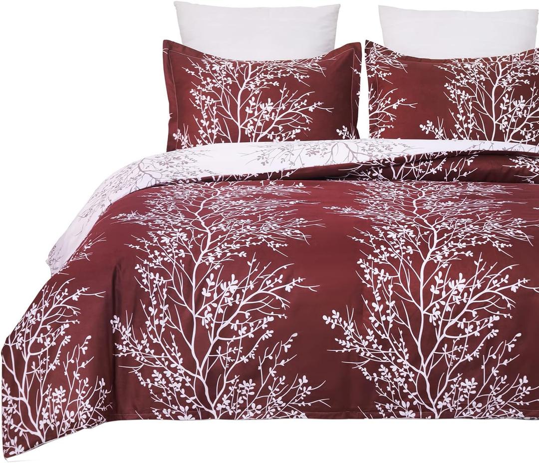 Vaulia Soft Microfiber Floral Duvet Cover Set, Branches Pattern White and Burgundy Red Color Reversible Design, 3-Piece (1 Queen Duvet Cover 2 Pillow Shams)