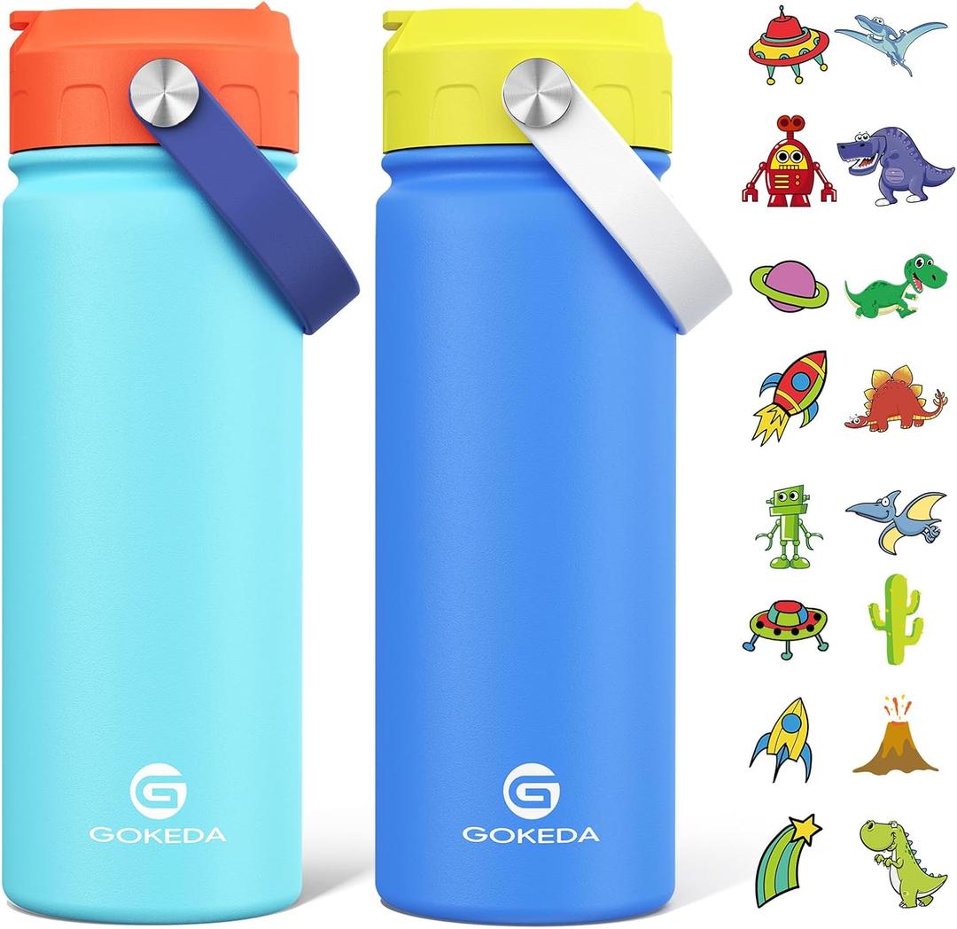 18oz Kids Water Bottle, 2 Pack Insulated Bottles with Stickers, 18/8 Stainless Steel Vacuum Leak Proof Straw Cup for School, Gifts for Boys Girls(Yellowe+Orange)