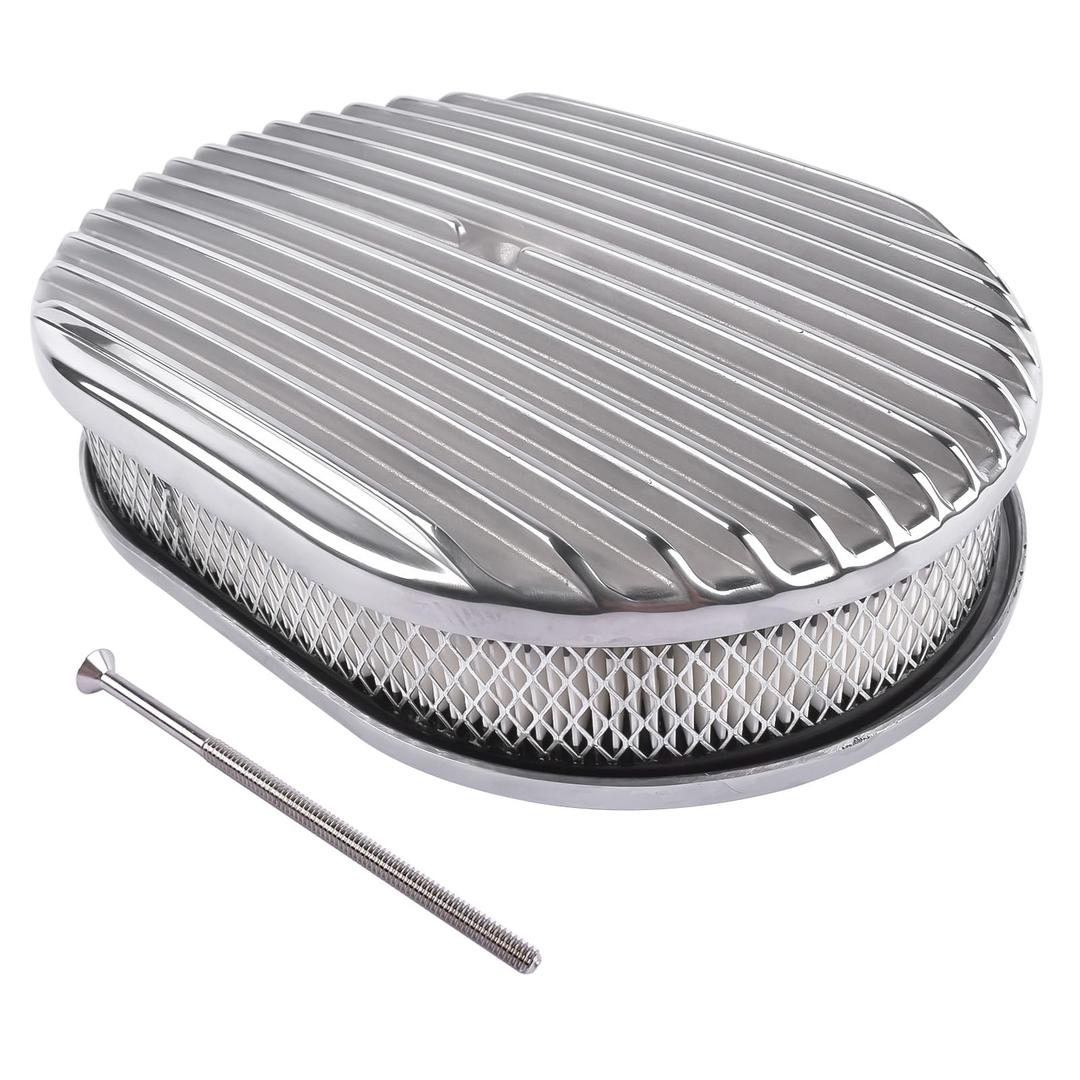 TEKKOAUTO 12" Oval Full Finned Air Cleaner Polished Aluminum Replacement for 5-1/8” Carburetors