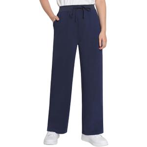 Weintee Women's Petite Wide Leg Sweatpants Cotton Pants with Pockets (Navy, Large Petite)